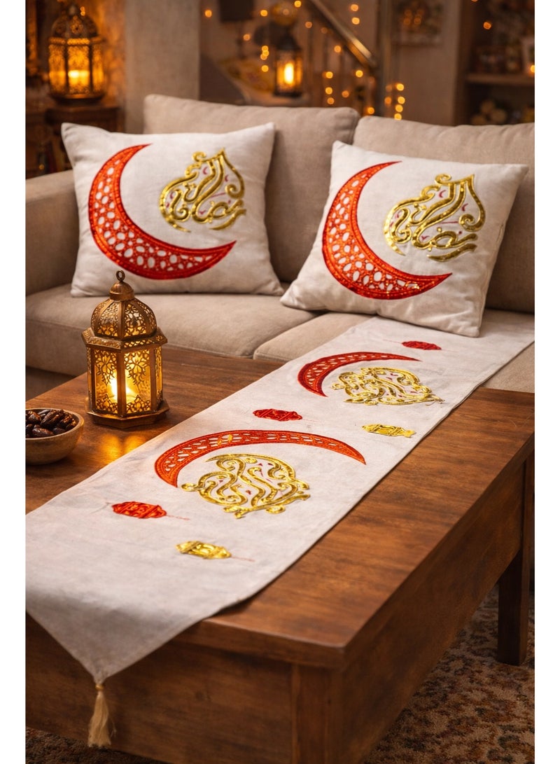 Ramadan Embroidered Linen Table Runner Set – 150cm Runner + 2 Cushion Covers 60cm - Image 1